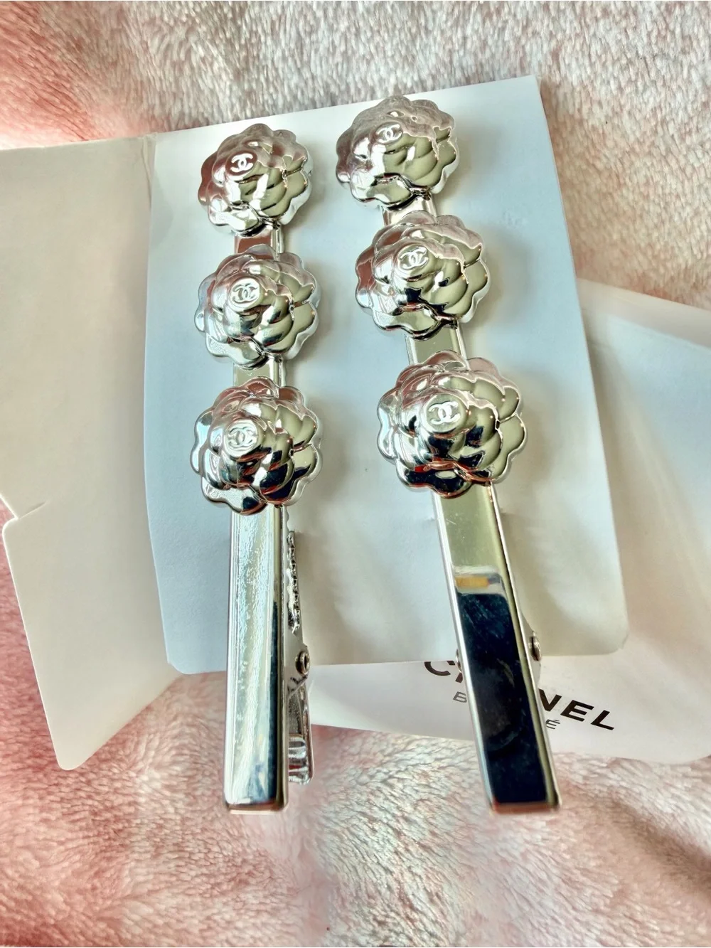 CHANEL Silver Camellia Clip Pair — Shiny Floral Brooch Clips NWT
